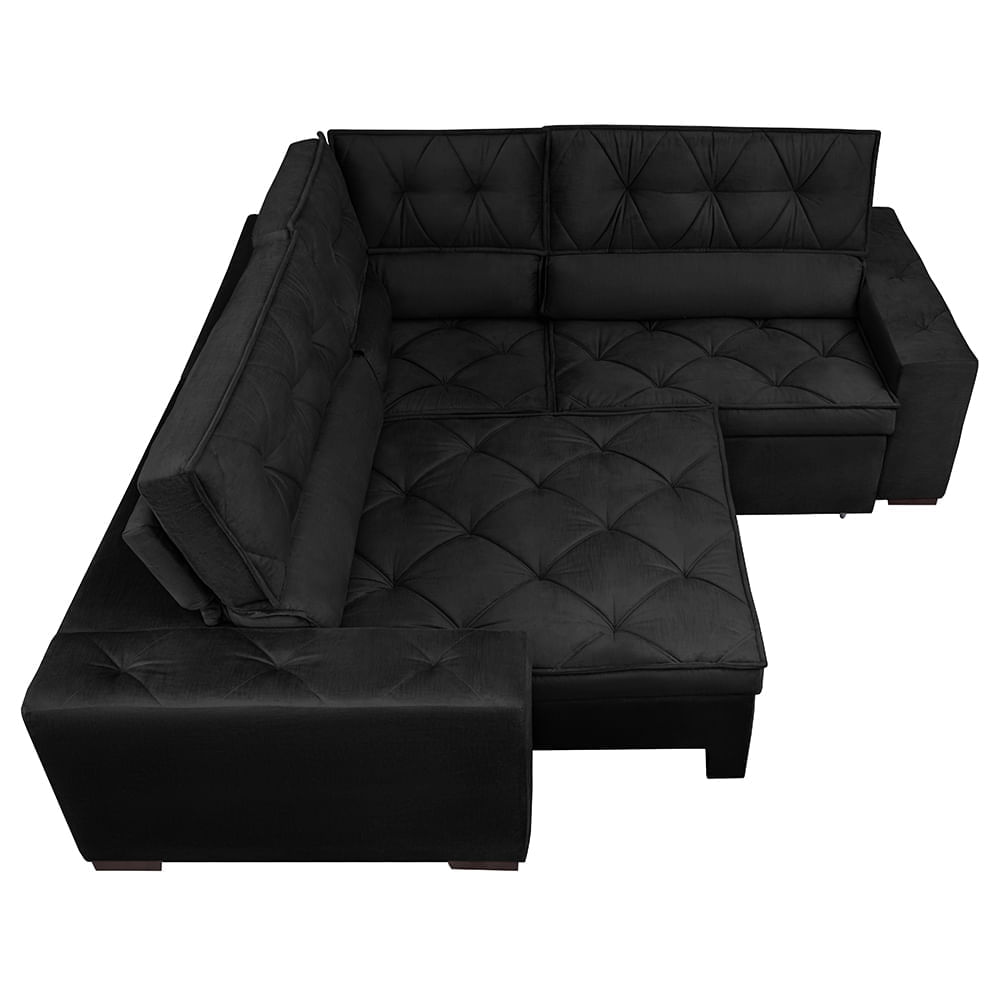 Sofa de Canto Retrátil e Reclinável com Molas Agnus 2,60m x 2,60m Suede Velupluma Preto - Imagem 5