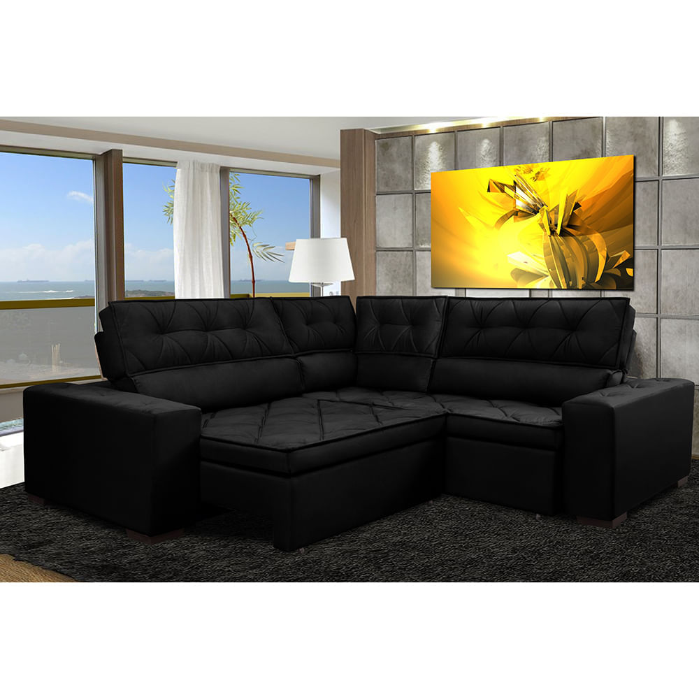 Sofa de Canto Retrátil e Reclinável com Molas Agnus 2,60m x 2,60m Suede Velupluma Preto