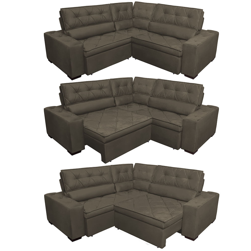 Sofa de Canto Retrátil e Reclinável com Molas Agnus 2,30m x 2,30m Suede Velupluma Café - Imagem 7