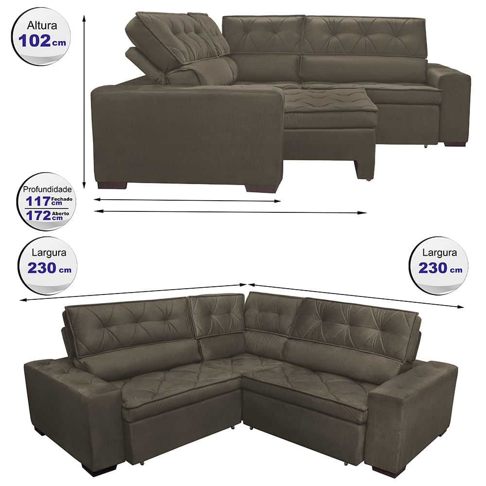 Sofa de Canto Retrátil e Reclinável com Molas Agnus 2,30m x 2,30m Suede Velupluma Café - Imagem 2