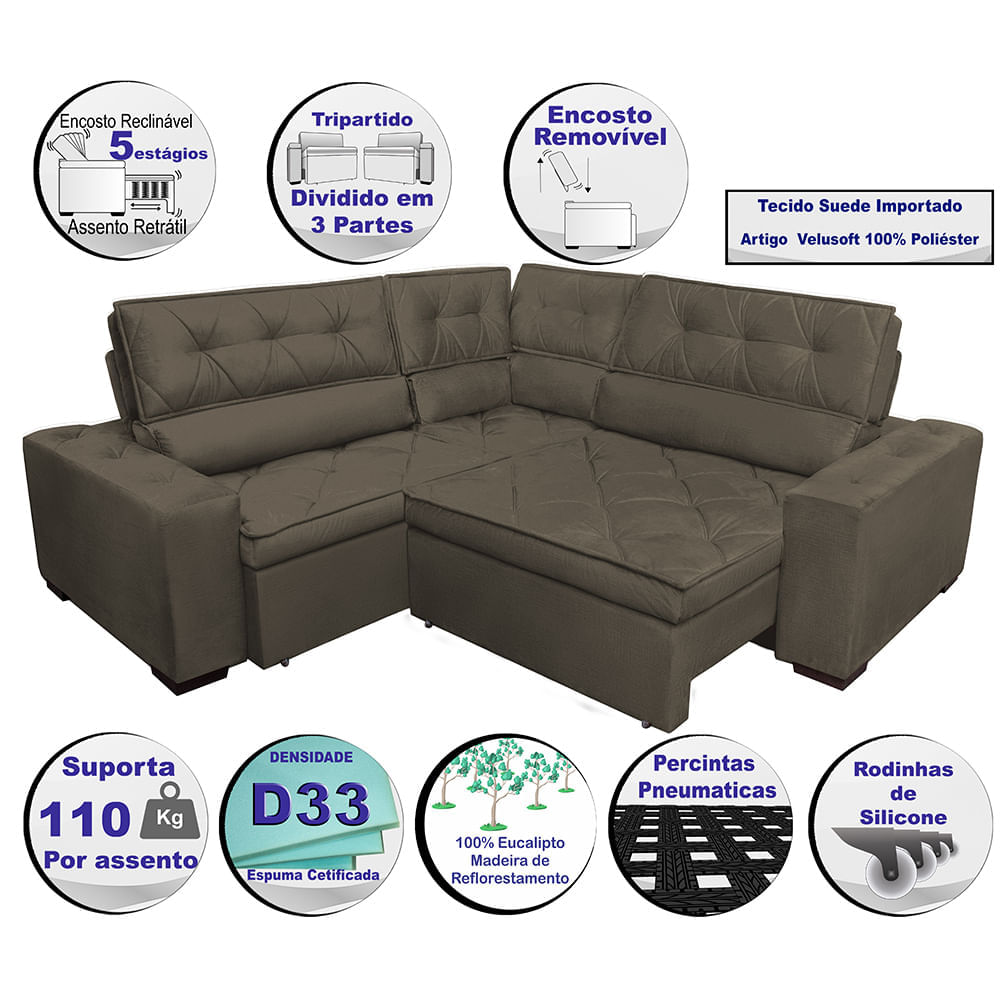 Sofa de Canto Retrátil e Reclinável com Molas Agnus 2,30m x 2,30m Suede Velupluma Café - Imagem 3