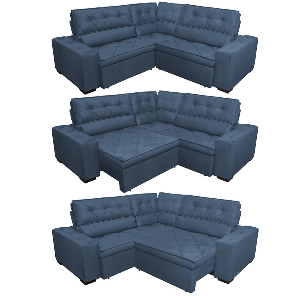 Sofa de Canto Retrátil e Reclinável com Molas Agnus 2,60m x 2,60m Suede Velupluma Azul - Imagem 7