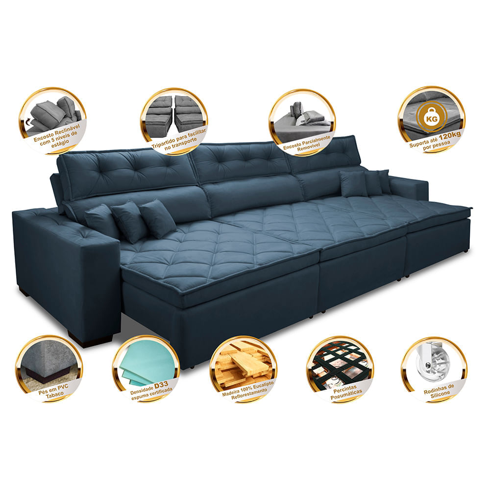 Sofá Retrátil e Reclinável 4,12m Agnus com Molas no Assento Suede Velupluma Azul - Imagem 3