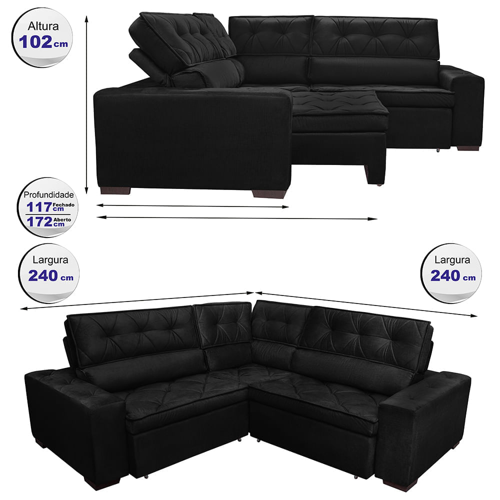 Sofa de Canto Retrátil e Reclinável com Molas Agnus 2,40m x 2,40m Suede Velupluma Preto - Imagem 2