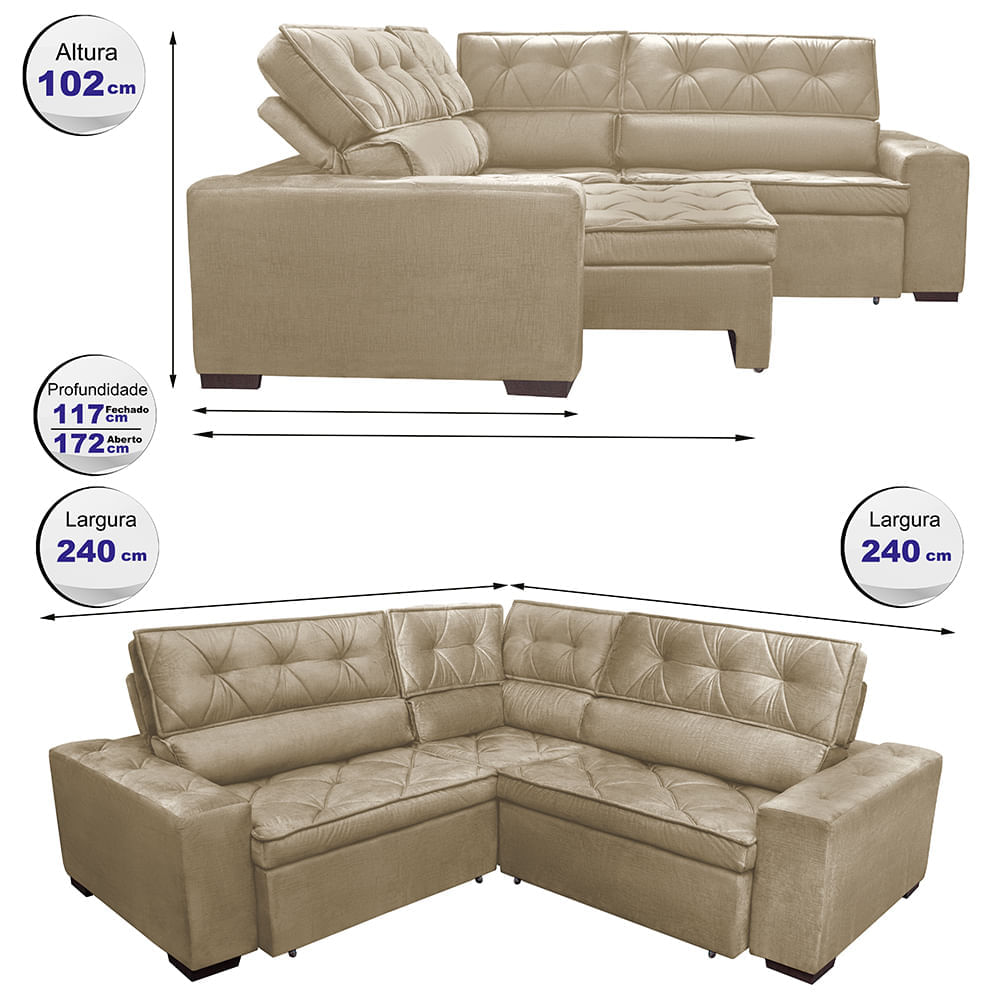 Sofa de Canto Retrátil e Reclinável com Molas Agnus 2,40m x 2,40m Suede Velupluma Castor - Imagem 2