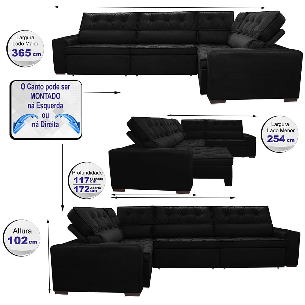 Sofa de Canto Retrátil e Reclinável com Molas Agnus 3,65X2,54 ou 2,54X3,65 Suede Velupluma Preto - Imagem 2