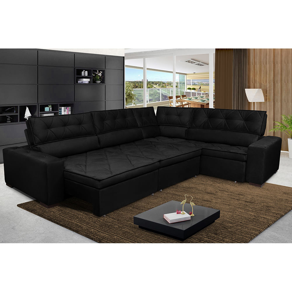 Sofa de Canto Retrátil e Reclinável com Molas Agnus 3,65X2,54 ou 2,54X3,65 Suede Velupluma Preto