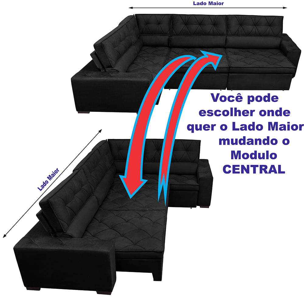 Sofa de Canto Retrátil e Reclinável com Molas Agnus 3,65X2,54 ou 2,54X3,65 Suede Velupluma Preto - Imagem 5