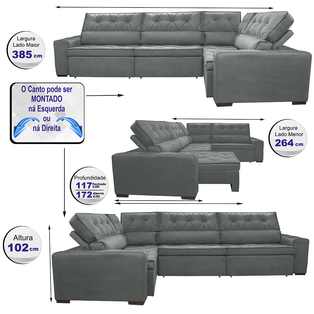 Sofa de Canto Retrátil e Reclinável com Molas Agnus 3,85X2,64 ou 2,64X3,85 Suede Velupluma Cinza - Imagem 2
