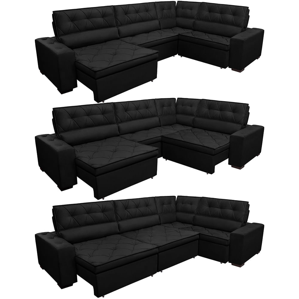 Sofa de Canto Retrátil e Reclinável com Molas Agnus 3,45X2,44 ou 2,44X3,45 Suede Velupluma Preto - Imagem 8