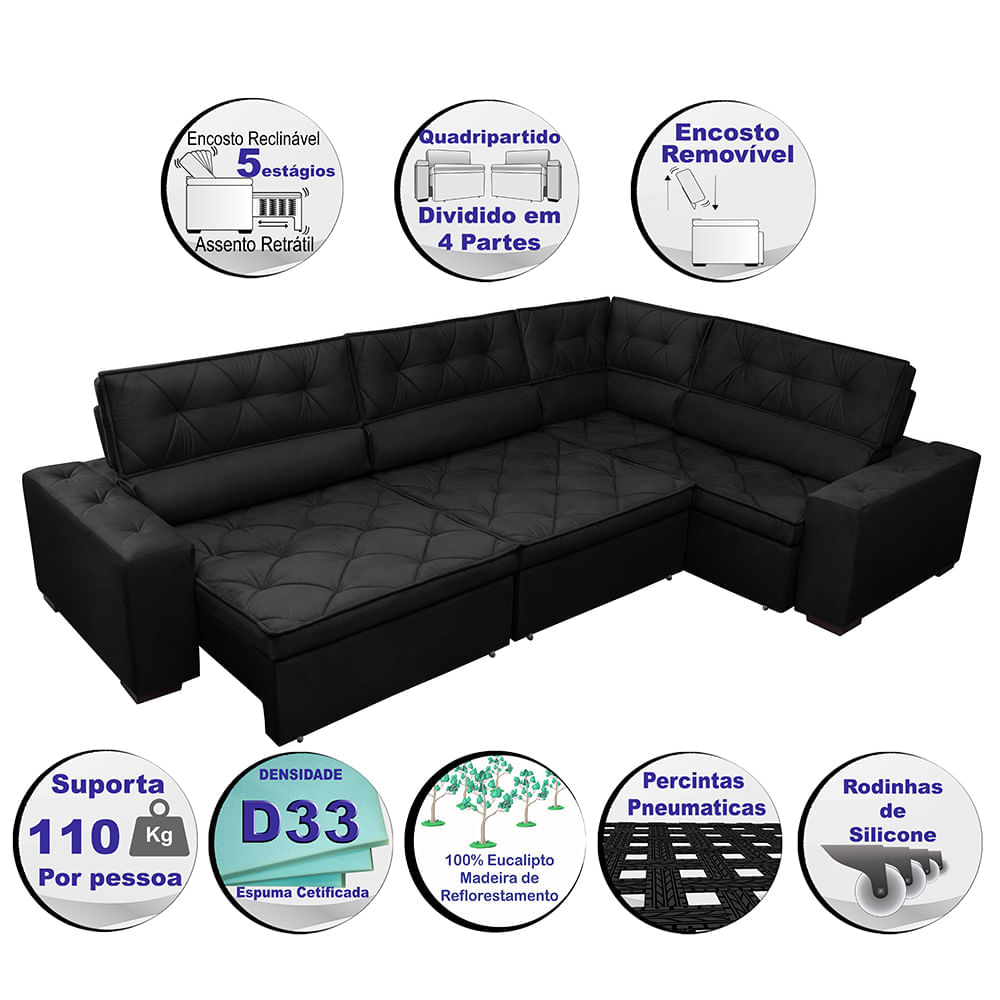 Sofa de Canto Retrátil e Reclinável com Molas Agnus 3,45X2,44 ou 2,44X3,45 Suede Velupluma Preto - Imagem 3