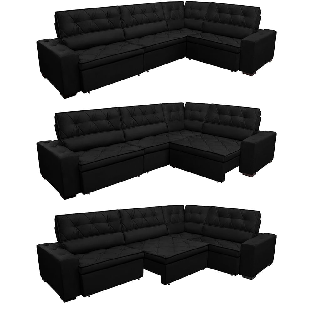 Sofa de Canto Retrátil e Reclinável com Molas Agnus 3,45X2,44 ou 2,44X3,45 Suede Velupluma Preto - Imagem 7