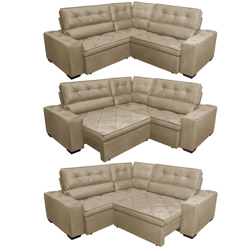 Sofa de Canto Retrátil e Reclinável com Molas Agnus 2,60m x 2,60m Suede Velupluma Castor - Imagem 7