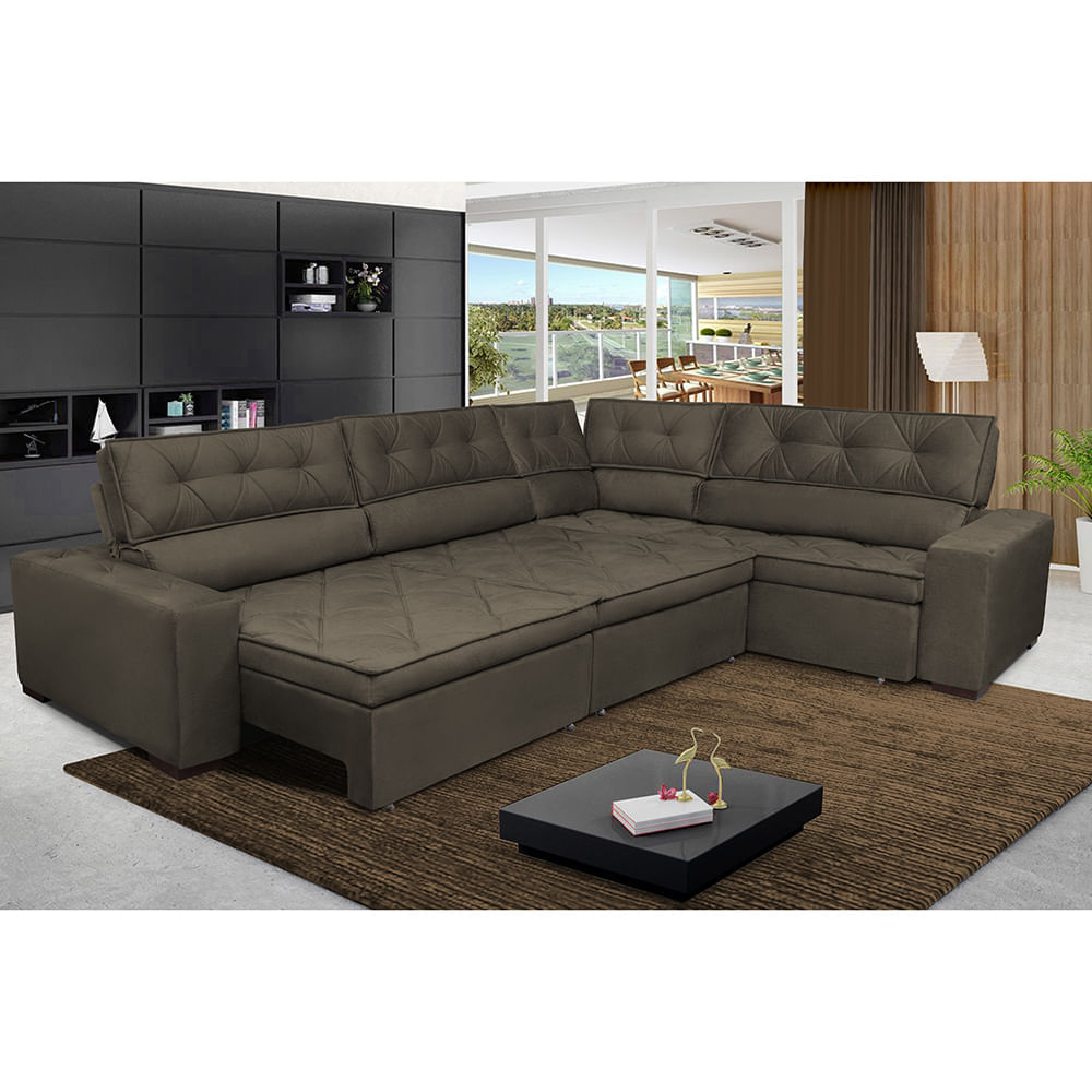 Sofa de Canto Retrátil e Reclinável com Molas Agnus 3,45X2,44 ou 2,44X3,45 Suede Velupluma Café