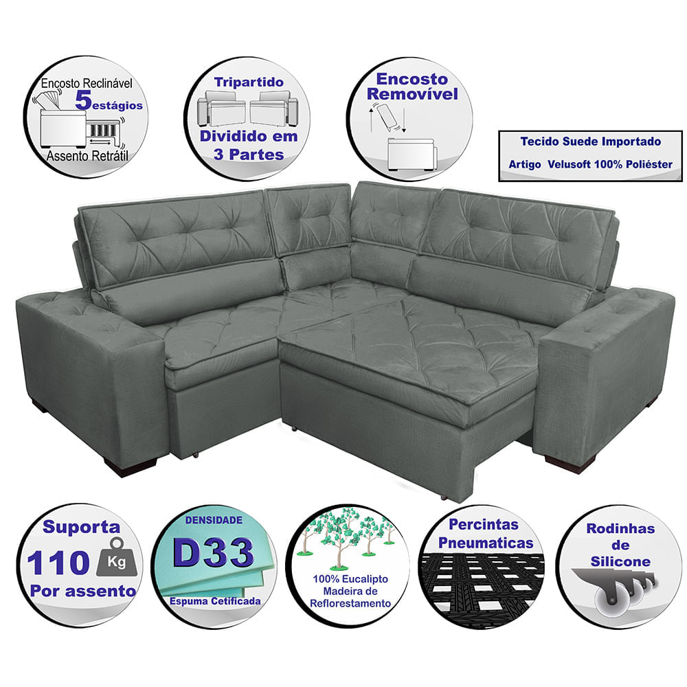 Sofa de Canto Retrátil e Reclinável com Molas Agnus 2,70m x 2,70m Suede Velupluma Cinza - Imagem 3
