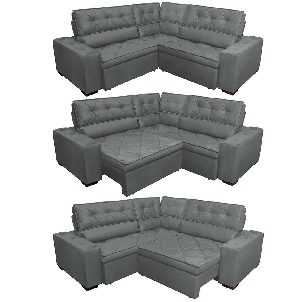 Sofa de Canto Retrátil e Reclinável com Molas Agnus 2,70m x 2,70m Suede Velupluma Cinza - Imagem 7