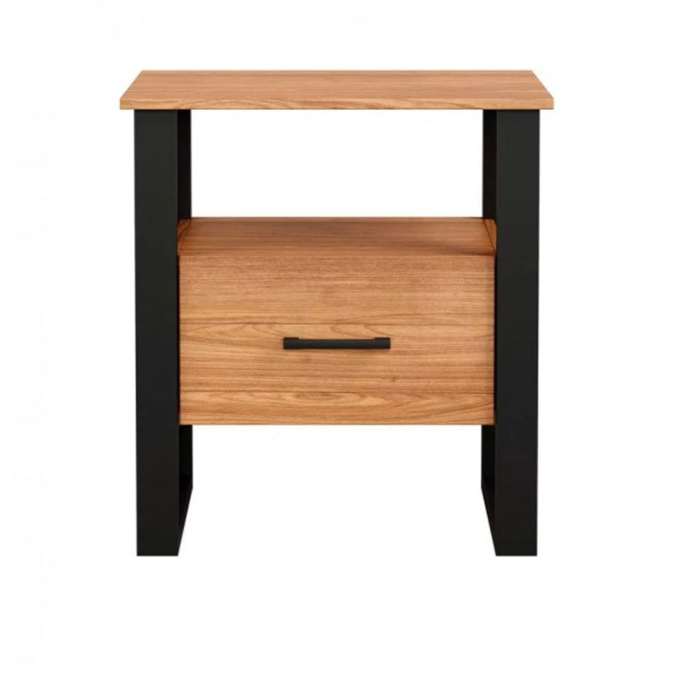 Mesa de Cabeceira Industrial com 1 Gaveta Freijó e Preto