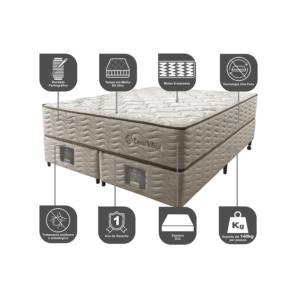 Cama Box King Colchão Euro + Box 193x203x71 Molas Ensacadas Cama inBox Ocean Bege - Imagem 3