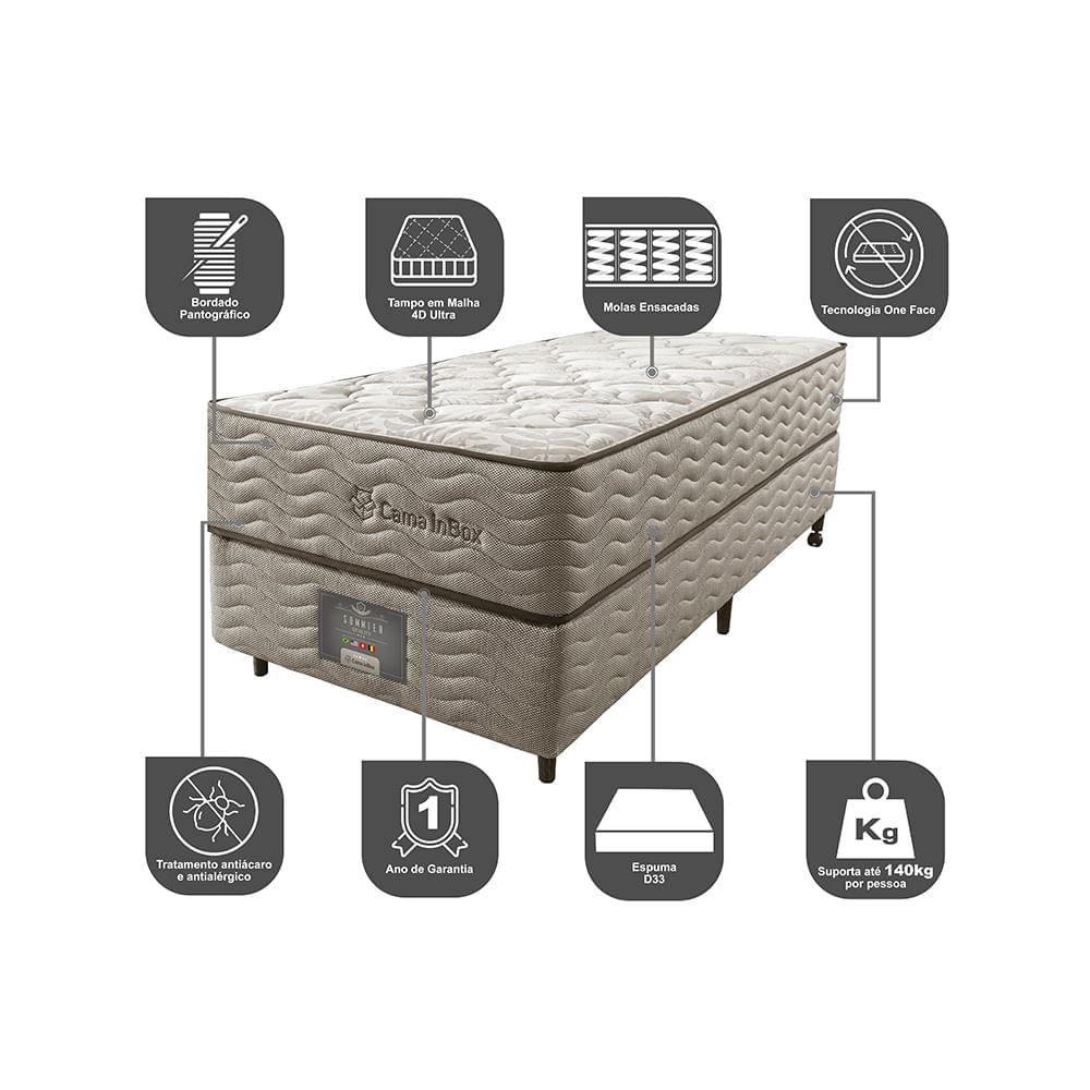 Cama Box Solteiro Colchão Euro + Box 88x188x71 Molas Ensacadas Cama inBox Ocean Bege - Imagem 3