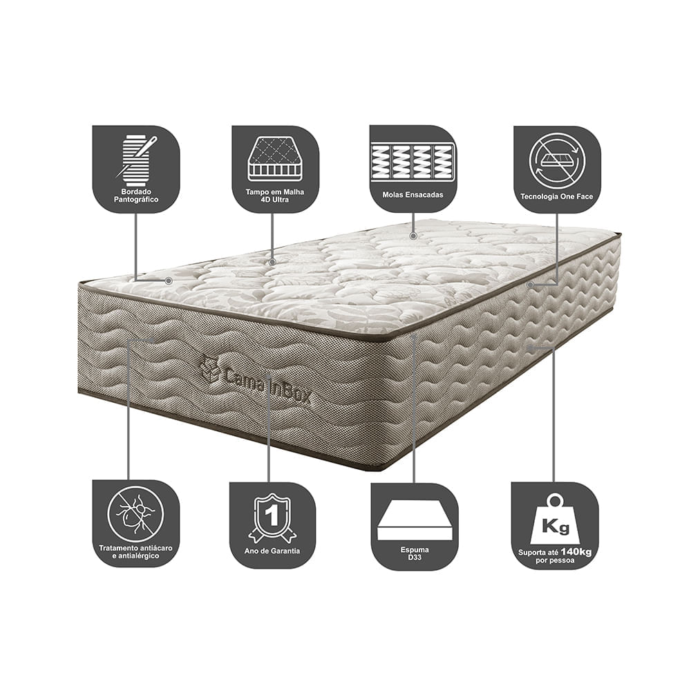 Colchão Solteiro Molas Ensacadas Euro 88x188x32 Cama inBox Ocean Bege - Imagem 3