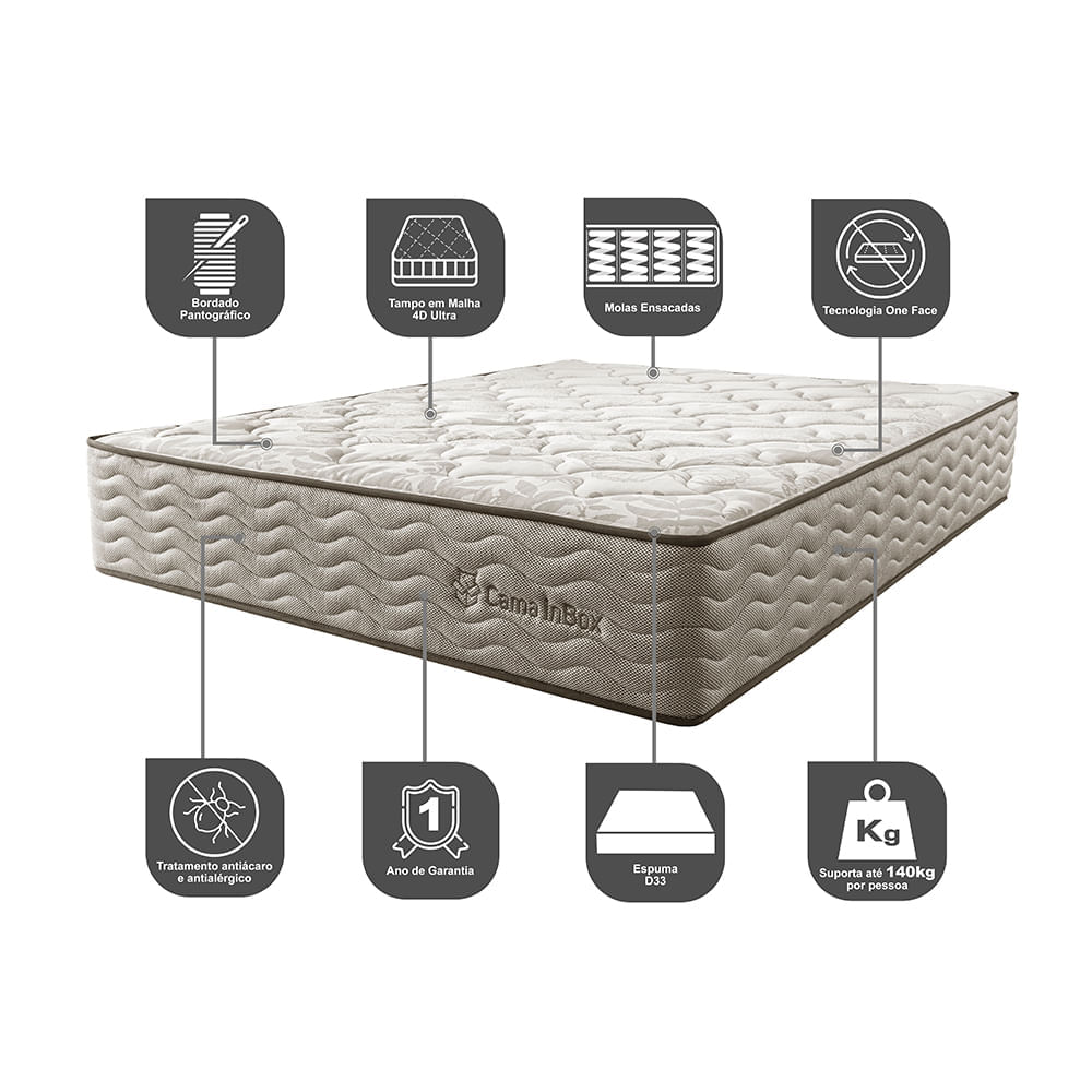 Colchão Casal Molas Ensacadas Euro 138x188x32 Cama inBox Ocean Bege - Imagem 3
