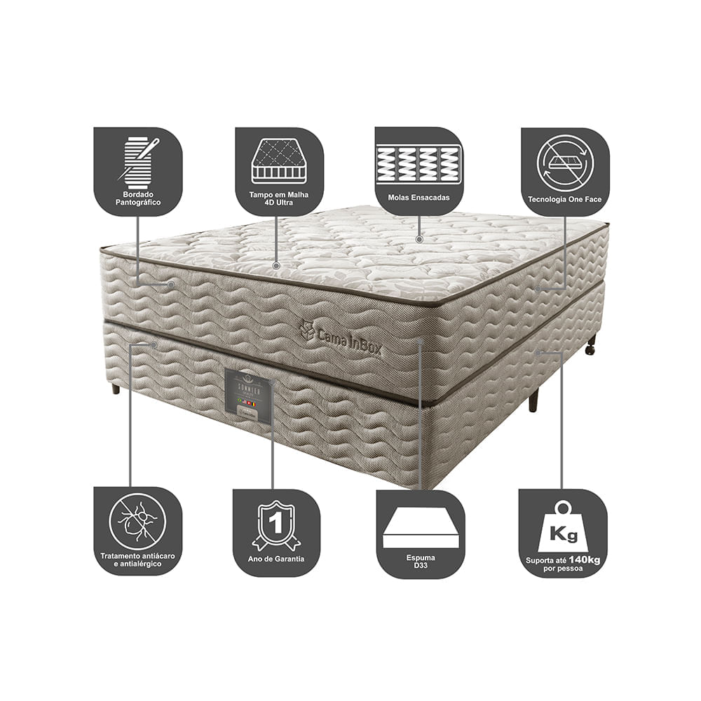 Cama Box Casal Colchão Euro + Box 138x188x71 Molas Ensacadas Cama inBox Ocean Bege - Imagem 3