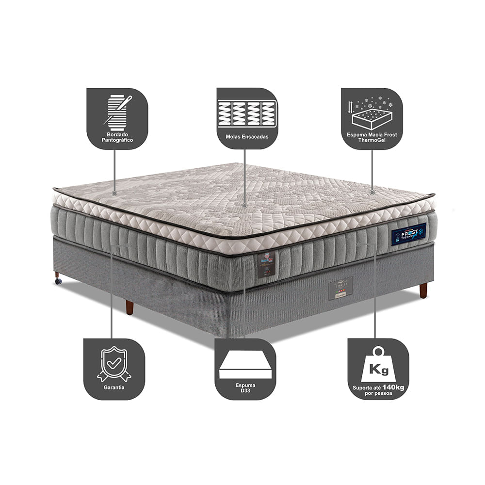 Cama Box Casal Colchão Euro Pillow + Box 138x188x70 Molas Ensacadas Cama inBox Frost ThermoGel - Imagem 3