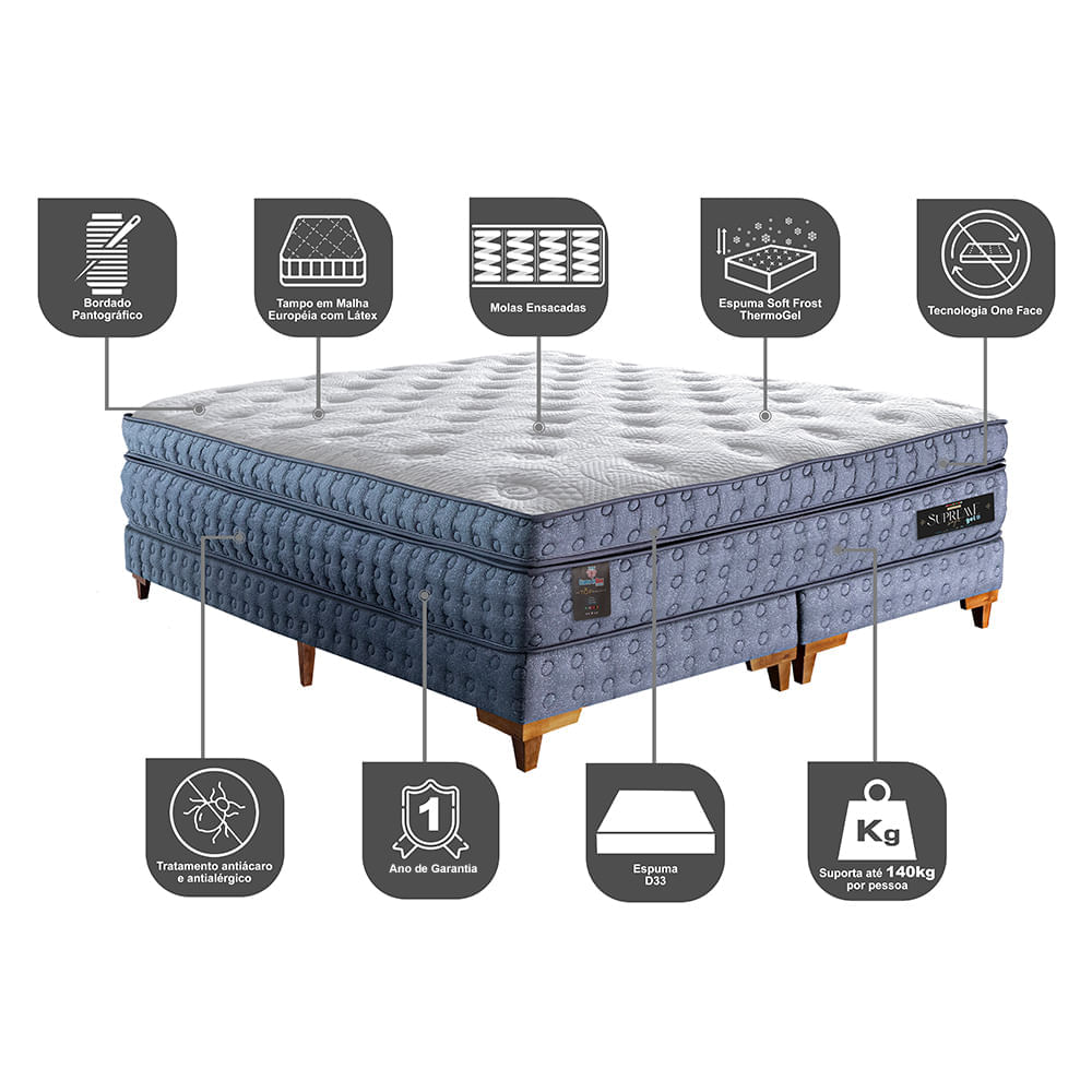 Cama Box King Colchão Euro Pillow + Box 193x203x70 Molas Ensacadas Cama inBox Supreme Confort Gel Living - Imagem 3