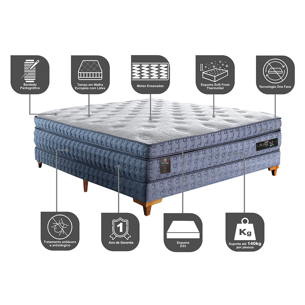 Cama Box Casal Colchão Euro Pillow + Box 138x188x70 Molas Ensacadas Cama inBox Supreme Confort Gel Living - Imagem 3