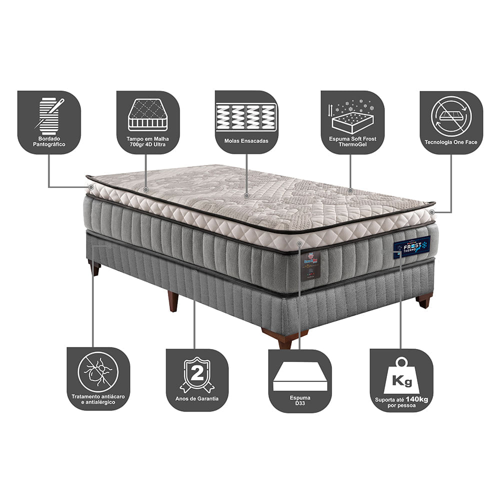 Cama Box Solteiro Colchão Euro Pillow + Box 88x188x60 Molas Ensacadas Cama inBox Frost ThermoGel Living - Imagem 3