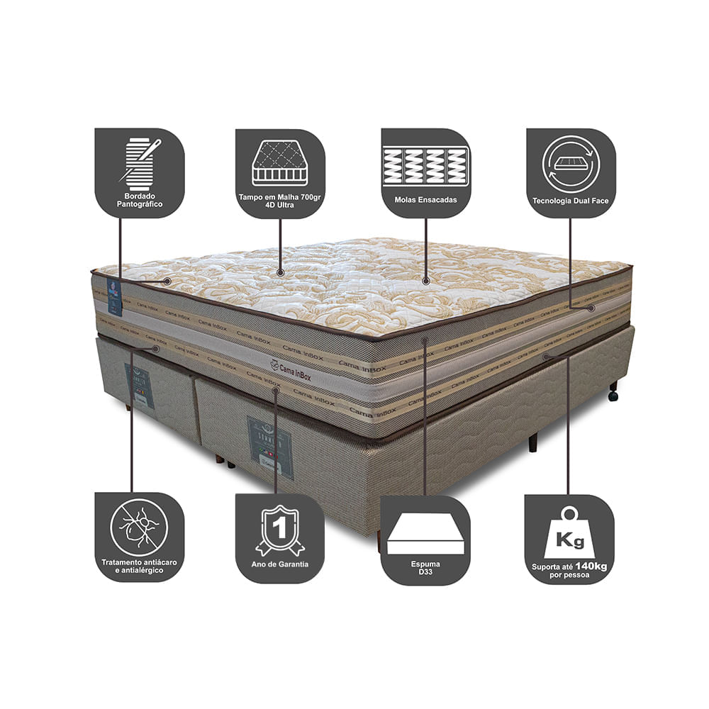 Cama Box Queen Colchão Pillow In + Box 158x198x70 Molas Ensacadas Cama inBox Duo Linem Bege - Imagem 3