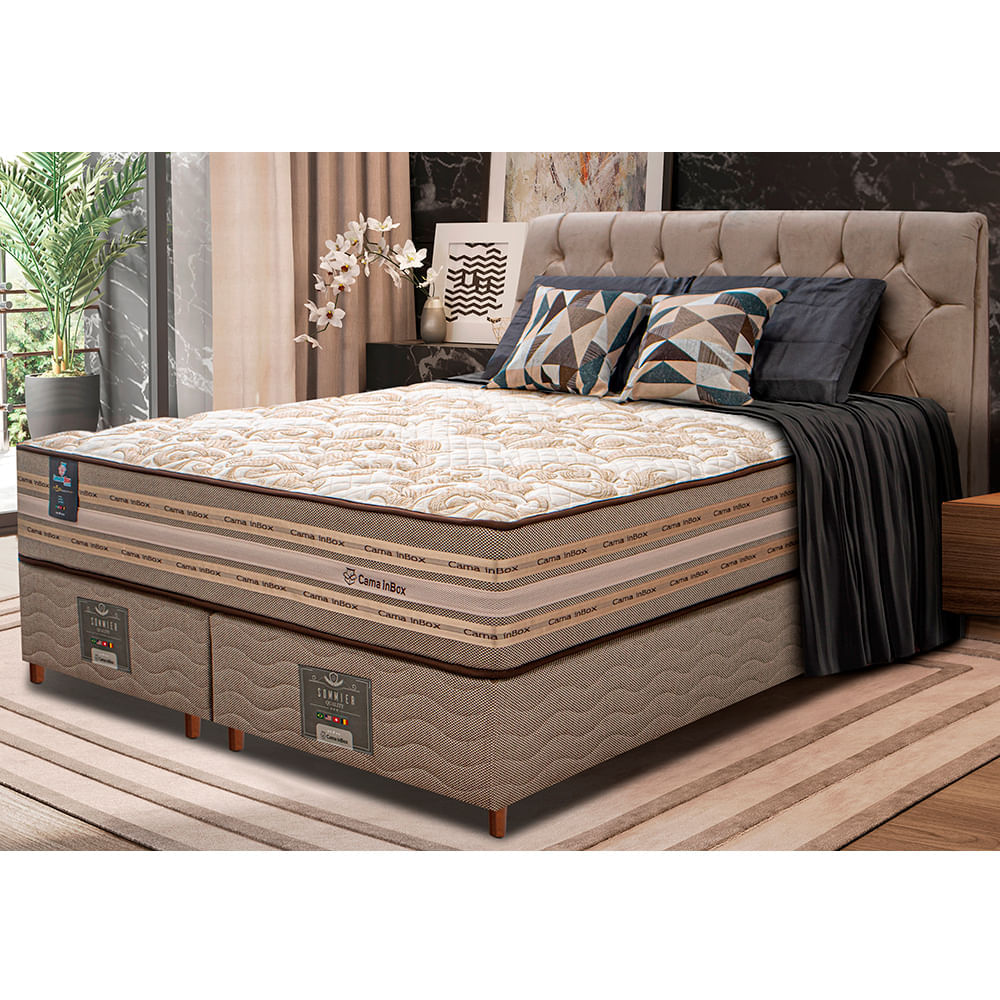 Cama Box Queen Colchão Pillow In + Box 158x198x70 Molas Ensacadas Cama inBox Duo Linem Bege