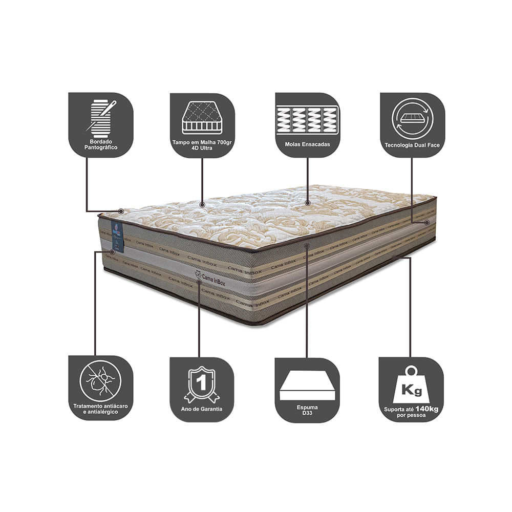 Colchão Solteiro Molas Ensacadas Pillow In 88x188x31 Cama inBox Duo Linem Bege - Imagem 3