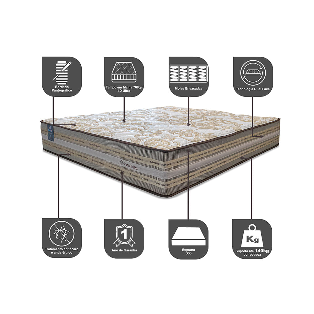 Colchão King Molas Ensacadas Pillow In 193x203x31 Cama inBox Duo Linem Bege - Imagem 3
