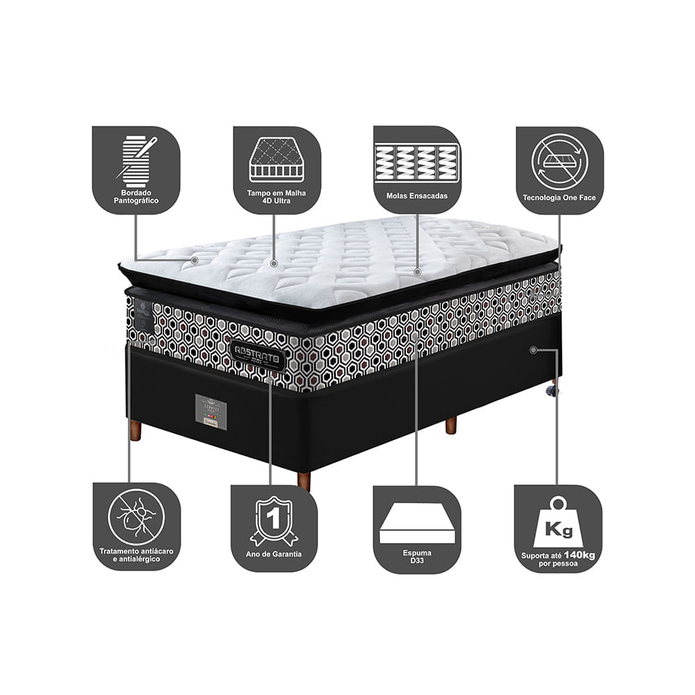 Cama Box Solteiro Colchão Pillow Top + Box 88x188x70 Molas Ensacadas Cama inBox Abstrato - Imagem 3