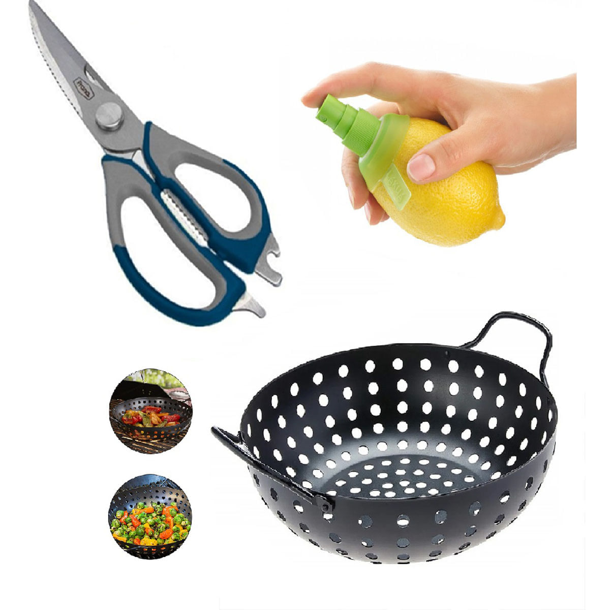 Kit Peixe Panela Wok Grelha Tesoura Borrifador Spray Prana