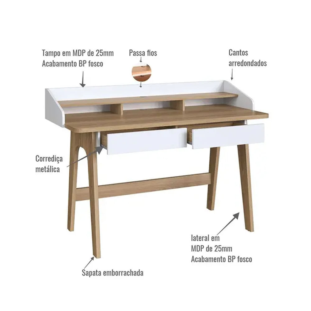 Mesa Escrivaninha Flexus com 2 Gavetas Hanover e Branca 1,39m - Imagem 3