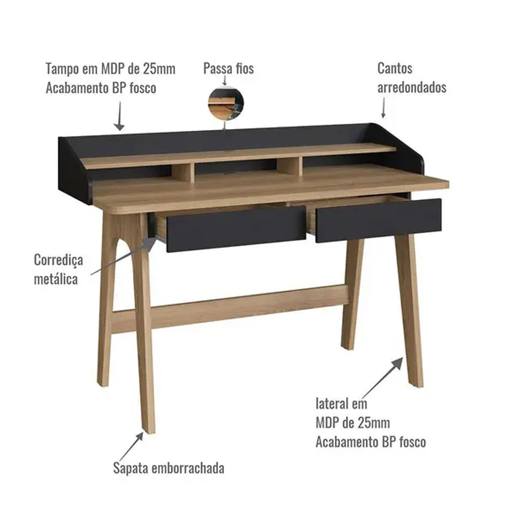 Mesa Escrivaninha Flexus com 2 Gavetas Hanover e Preto 1,39m - Imagem 3