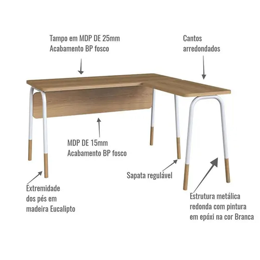 Mesa Escrivaninha Flexus de Canto Hanover e Branca 1,36m - Imagem 3