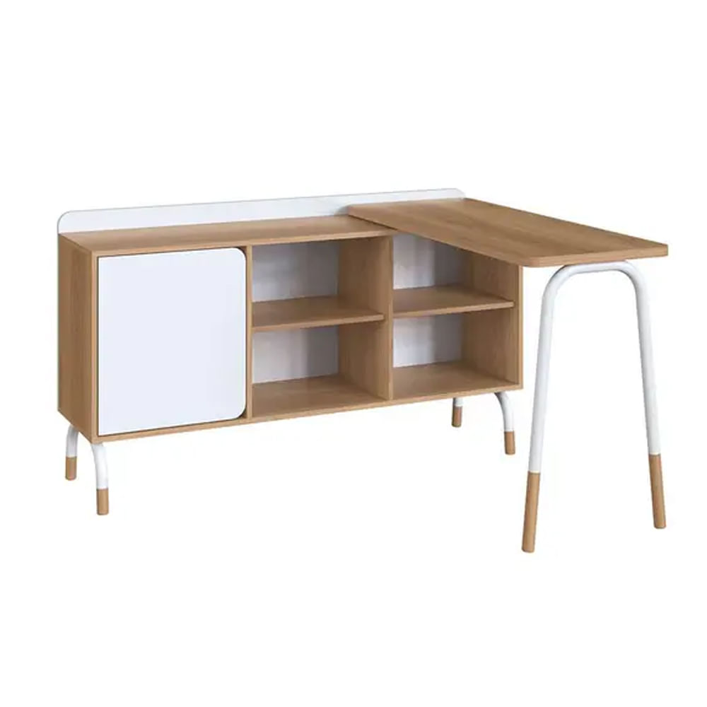 Mesa Escrivaninha Flexus Giratória com Balcão Credenza 1 Gaveta e 1 Porta Hanover e Branca 1,36m