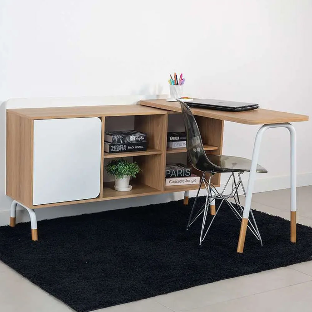 Mesa Escrivaninha Flexus Giratória com Balcão Credenza 1 Gaveta e 1 Porta Hanover e Branca 1,36m - Imagem 6