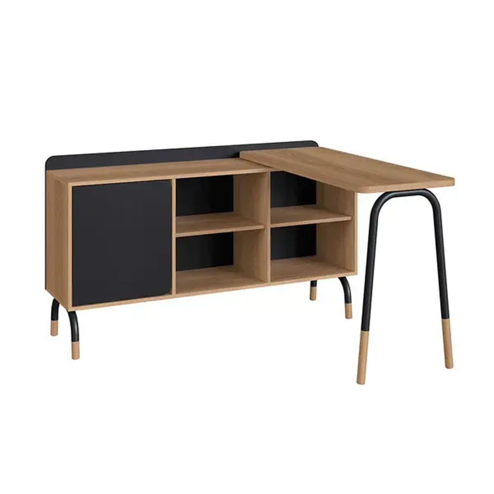 Mesa Escrivaninha Flexus Giratória com Balcão Credenza 1 Gaveta e 1 Porta Hanover e Preta 1,36m