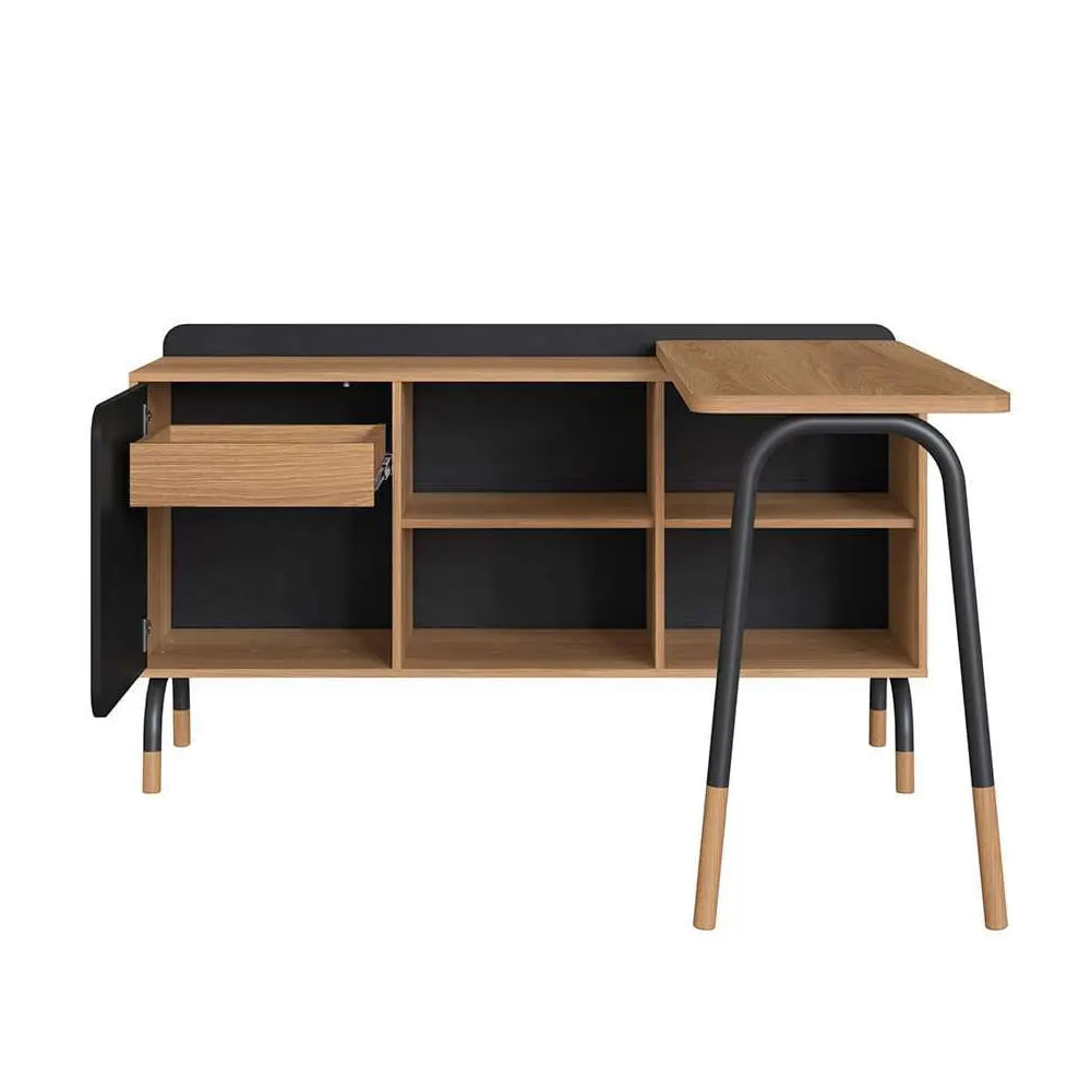 Mesa Escrivaninha Flexus Giratória com Balcão Credenza 1 Gaveta e 1 Porta Hanover e Preta 1,36m - Imagem 4