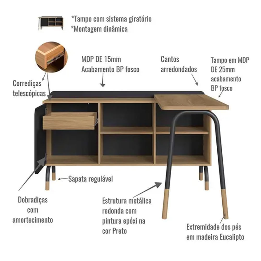 Mesa Escrivaninha Flexus Giratória com Balcão Credenza 1 Gaveta e 1 Porta Hanover e Preta 1,36m - Imagem 5