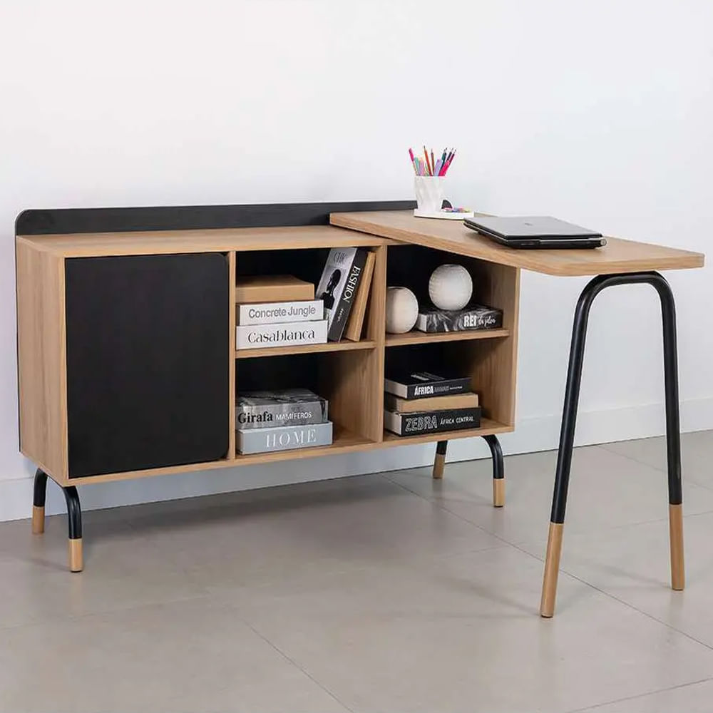 Mesa Escrivaninha Flexus Giratória com Balcão Credenza 1 Gaveta e 1 Porta Hanover e Preta 1,36m - Imagem 7