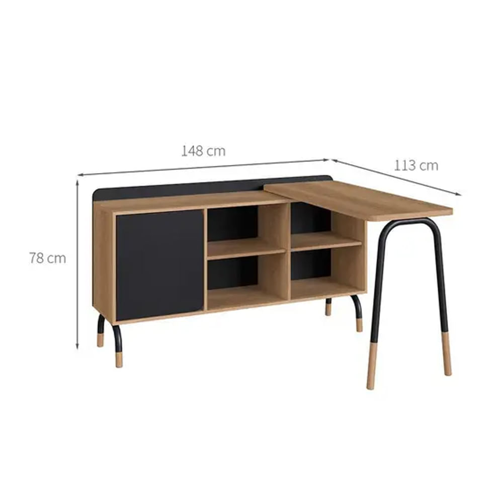 Mesa Escrivaninha Flexus Giratória com Balcão Credenza 1 Gaveta e 1 Porta Hanover e Preta 1,36m - Imagem 8