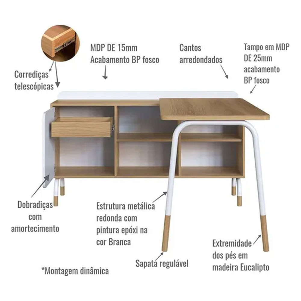 Mesa Escrivaninha Flexus com Balcão Credenza Fixo 1 Gaveta e 1 Porta Hanover e Branca 1,39m - Imagem 5