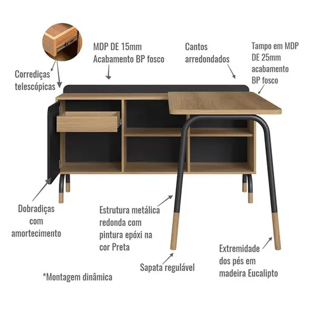 Mesa Escrivaninha Flexus com Balcão Credenza Fixo 1 Gaveta e 1 Porta Hanover e Preta 1,39m - Imagem 4