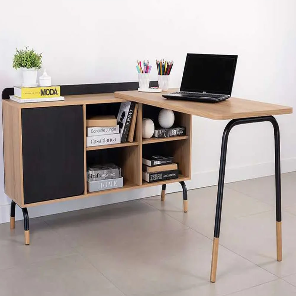 Mesa Escrivaninha Flexus com Balcão Credenza Fixo 1 Gaveta e 1 Porta Hanover e Preta 1,39m - Imagem 5