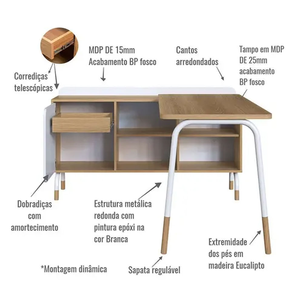 Mesa Escrivaninha Flexus com Balcão Credenza Fixo 1 Gaveta e 1 Porta Hanover e Branca 1,55m - Imagem 4